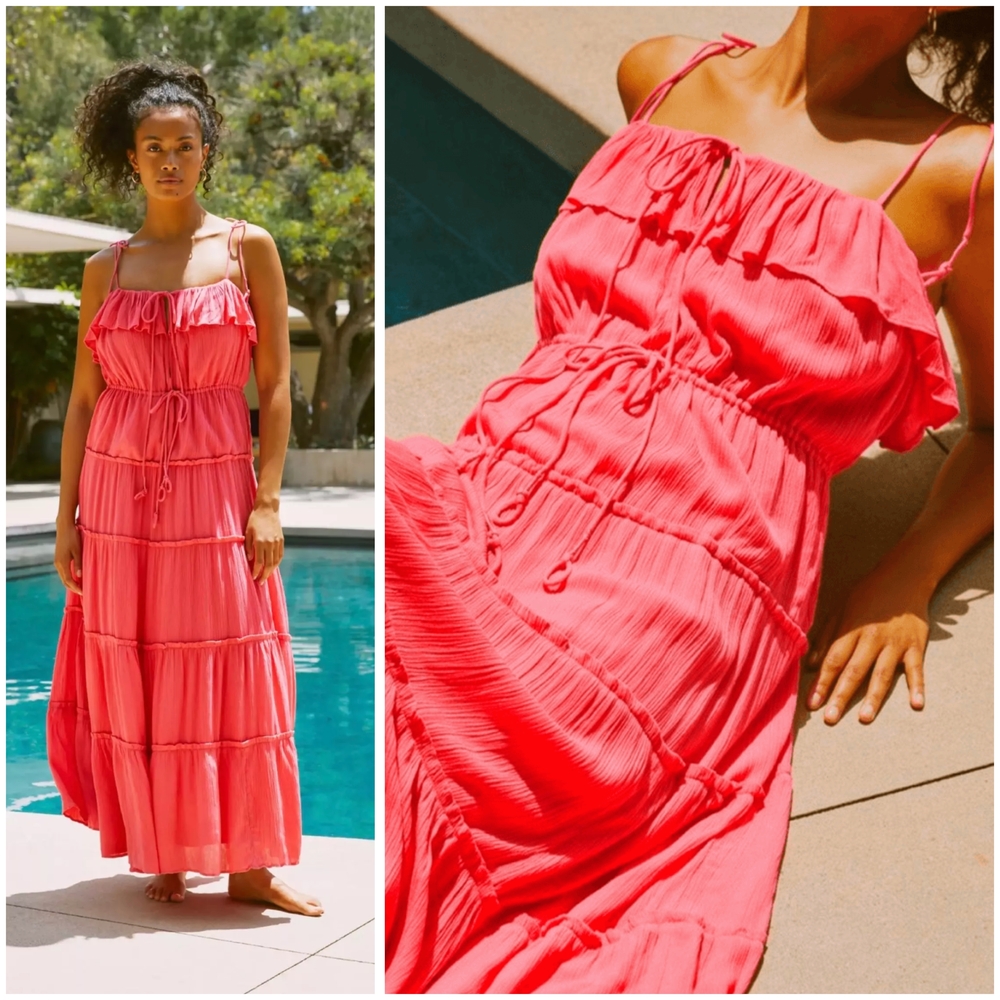 NWT, Anthropologie, Tiered Spaghetti Strap A-Line Dress In Paradise Pink